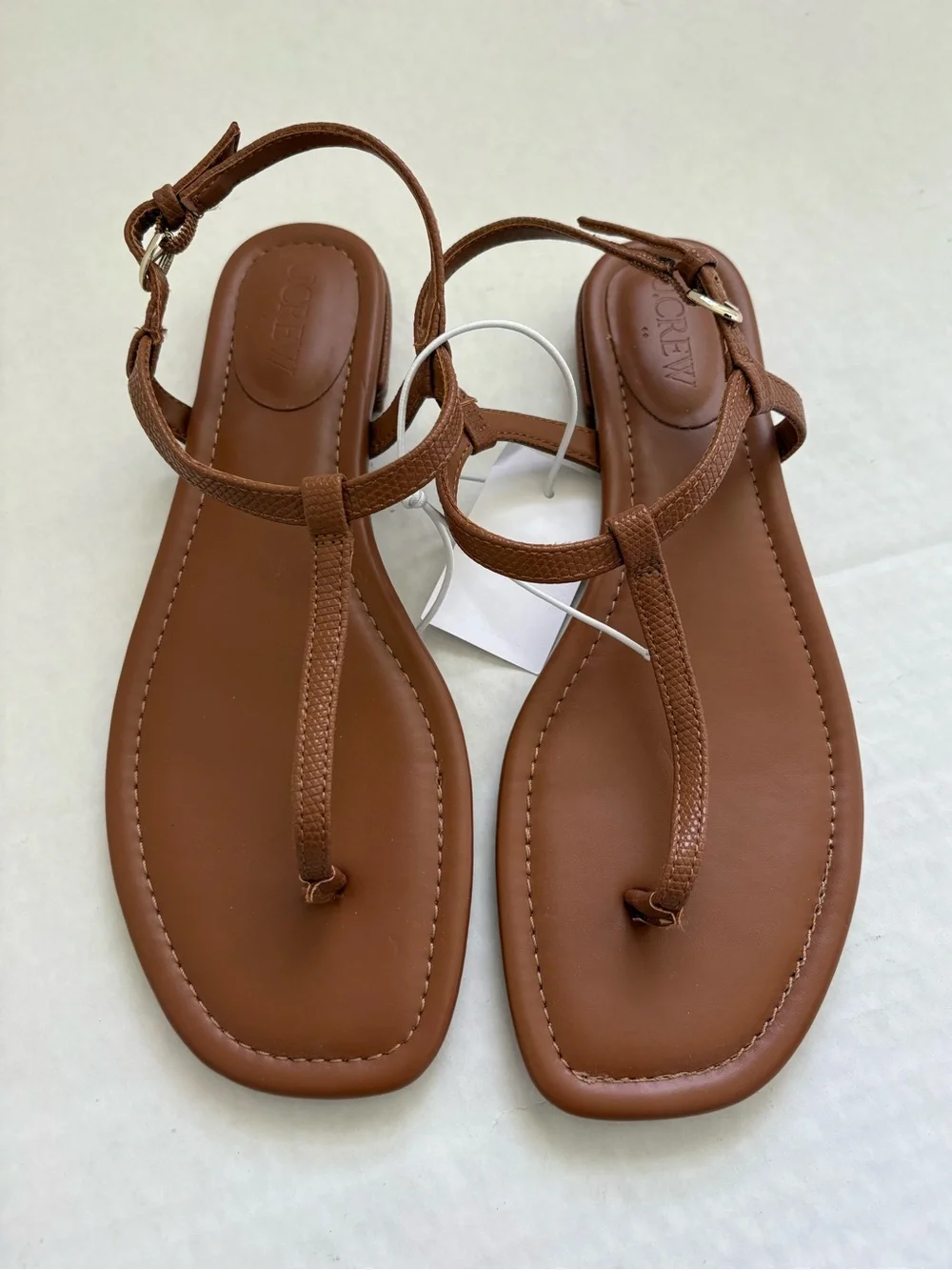 J Crew Factory Brown Ankle T Strap Thong Sandals Sz 8 Faux Leather Summer Flat